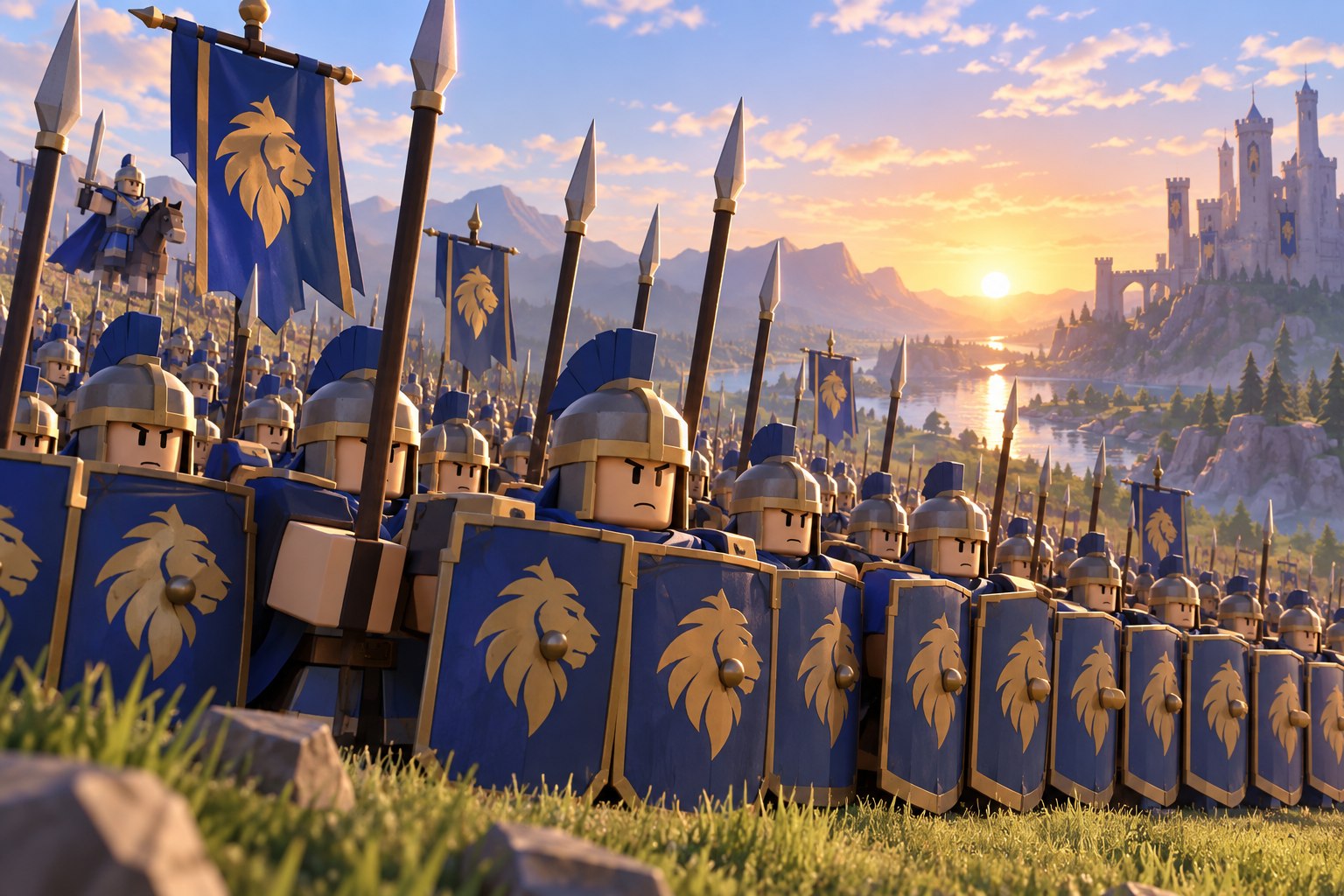 Blue shield wall advancing through a misty valley at dawn
