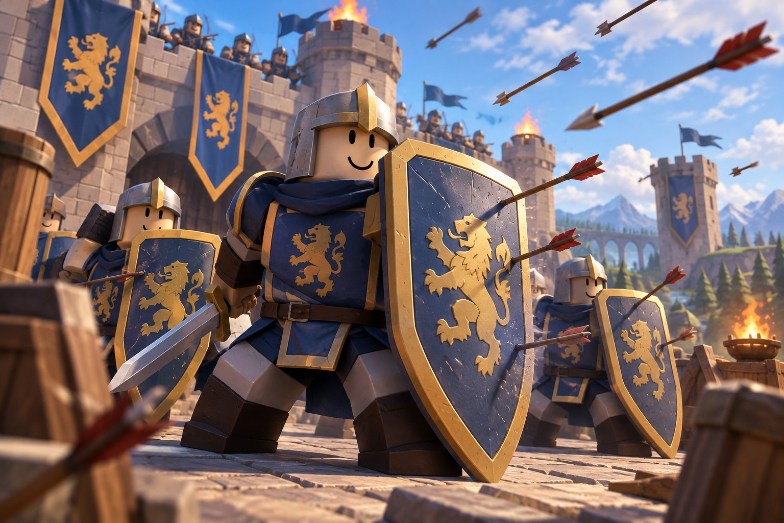 Shieldman holding under incoming arrows