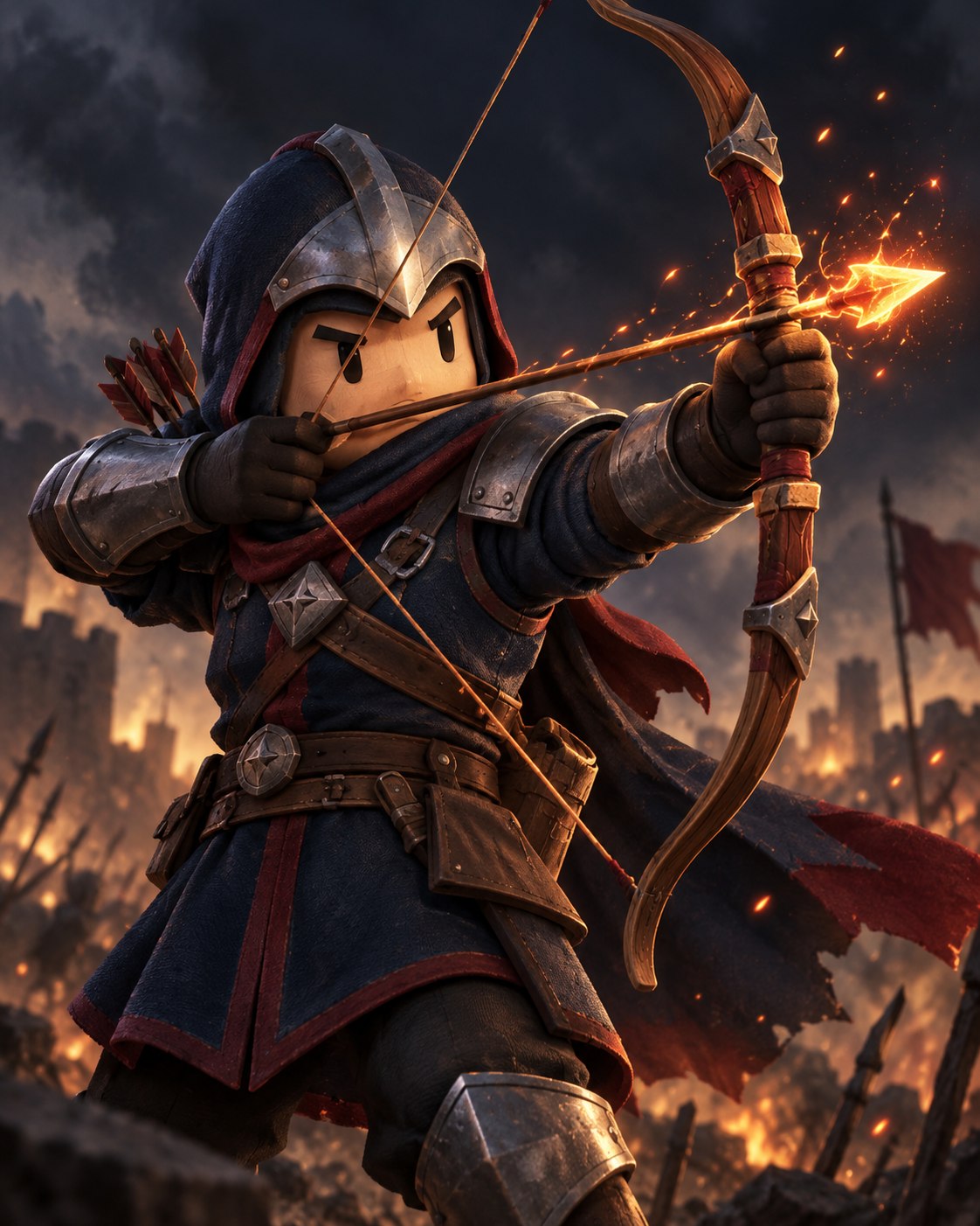 Archer drawing an ember-lit arrow