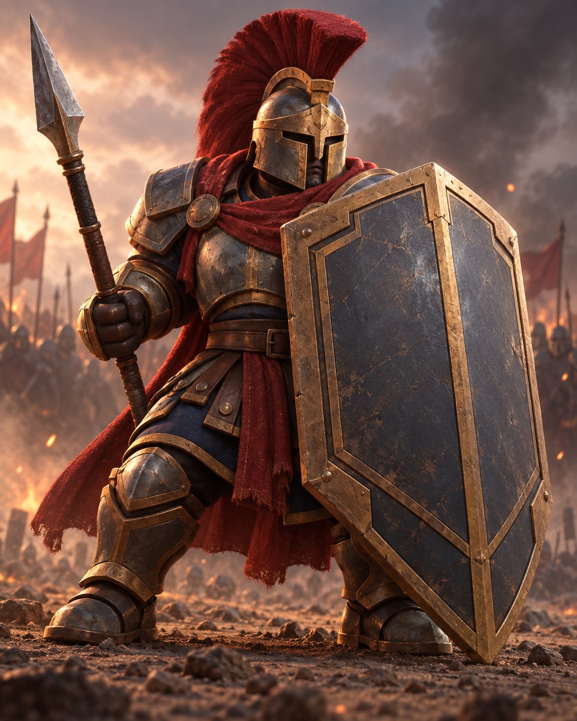 Crimson-crested heavy shield warrior